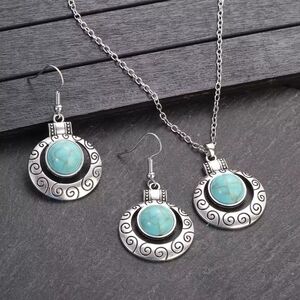 Turquoise and Silver Boho Necklace and Earrings Set